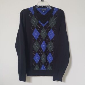 Tommy Hilfger Argyle Sweater Men L Cotton Preppy Dark Academia Classic V neck